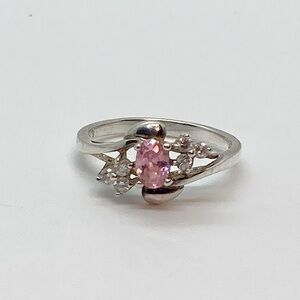 Vtg 925 sterling silver & Pink & White CZ Stone Floral Leaf Design Ring | Sz 8